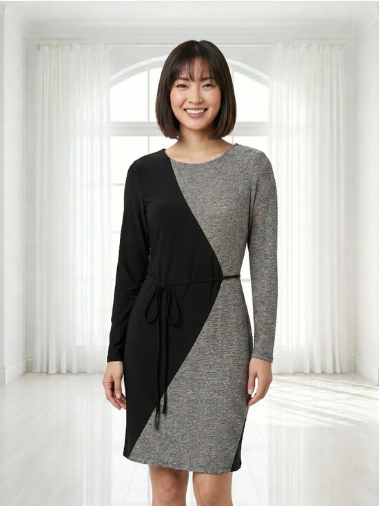 Sandra Darren Dresses & Skirts - Sandra Darren Black Grey Diagonal Colorblock Long Sleeve Belted Dress Size 12